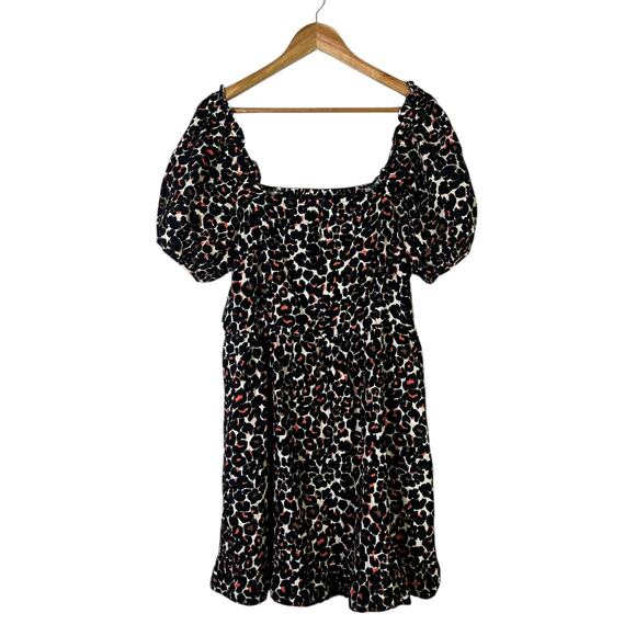 Who What Wear Leopard Smocked Puff Sleeve Midi Dress Womens L Black Animal Boho - Picture 3 of 8